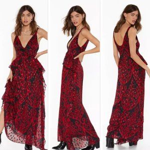 Red Jacquard Maxi Dress With Plunging V-Neckline
